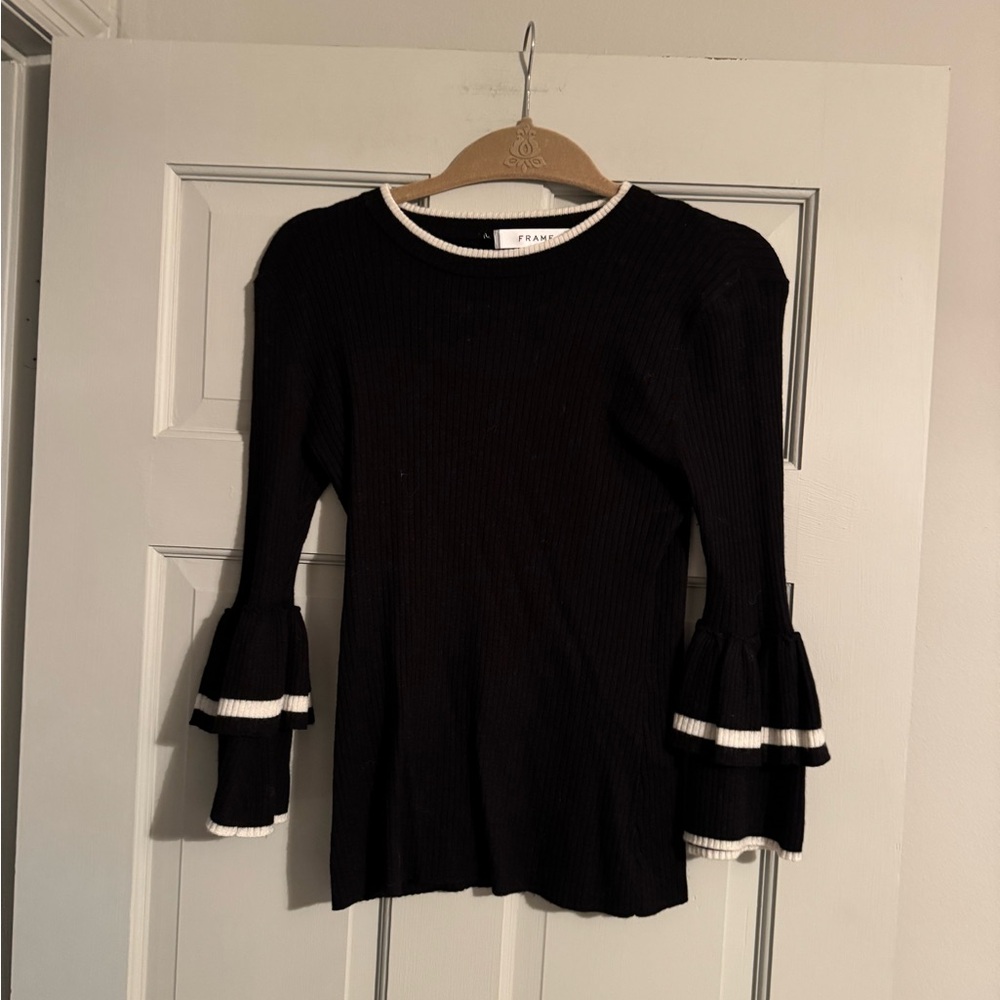 Frame Denim Black Ribbed Sweater with White Trim